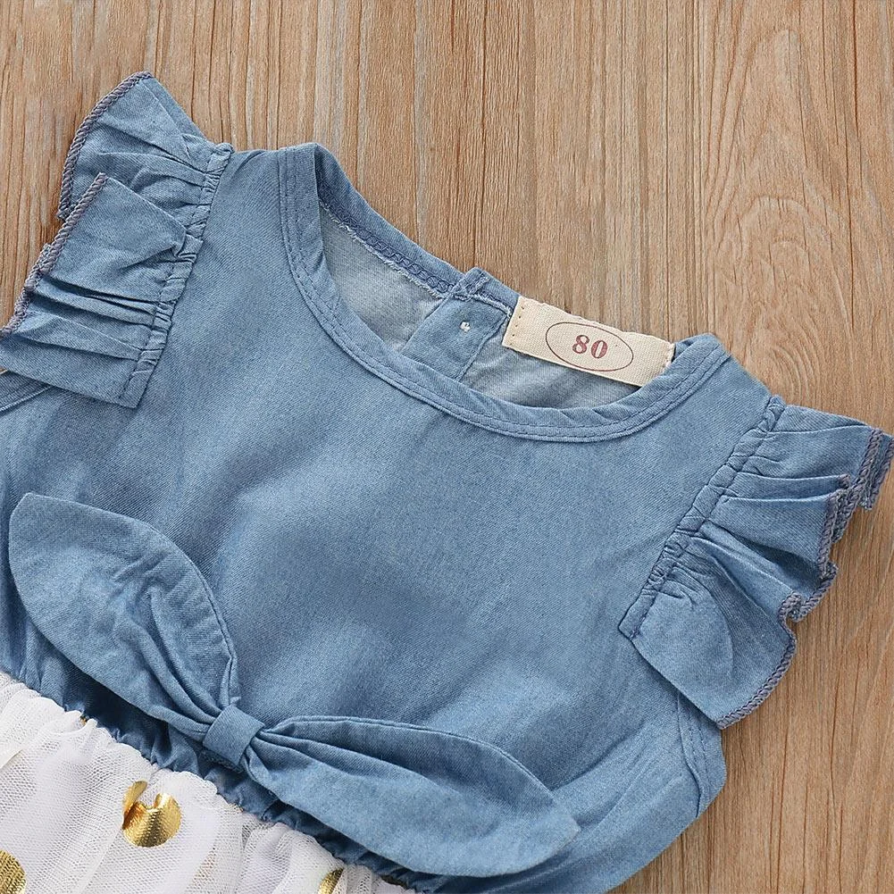 Toddler Kids Baby Girls Princess Summer Floral Dress Baby Kid denim Dresses Lace Tulle Sundress Ruffled Sleeveless Princess Gown