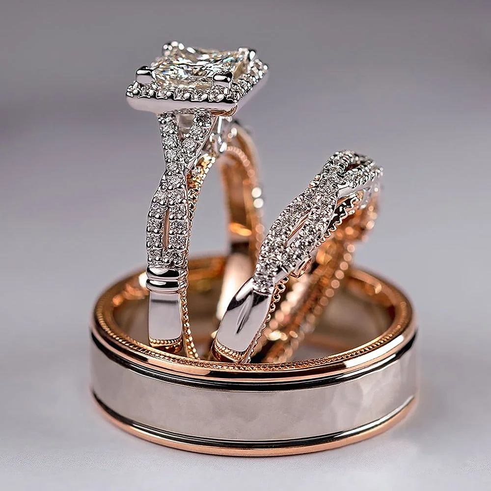 Gorgeous Women/Men Wedding Set Rings Mosaic AAA CZ Two Tone Romantic Female Engagement Rings Fashion Jewelry Top Quality
