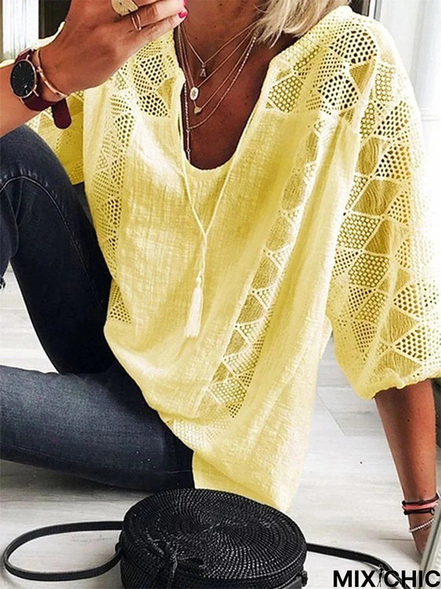 Summer V-neck Lace Cotton Linen Shirt