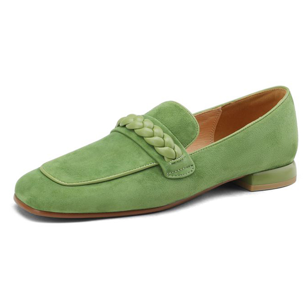 Green Vegan Suede Square Toe Chunky Heel Chain Loafers Nicepairs