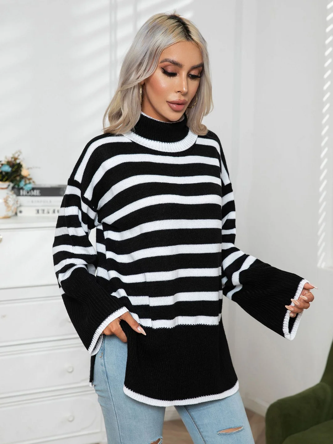 PASUXI Fall Winter Women Clothing Stripes Turtleneck Long Sleeve Oversized Sweater Casual Loose Fit Ribbed Knit Sweater Pullover