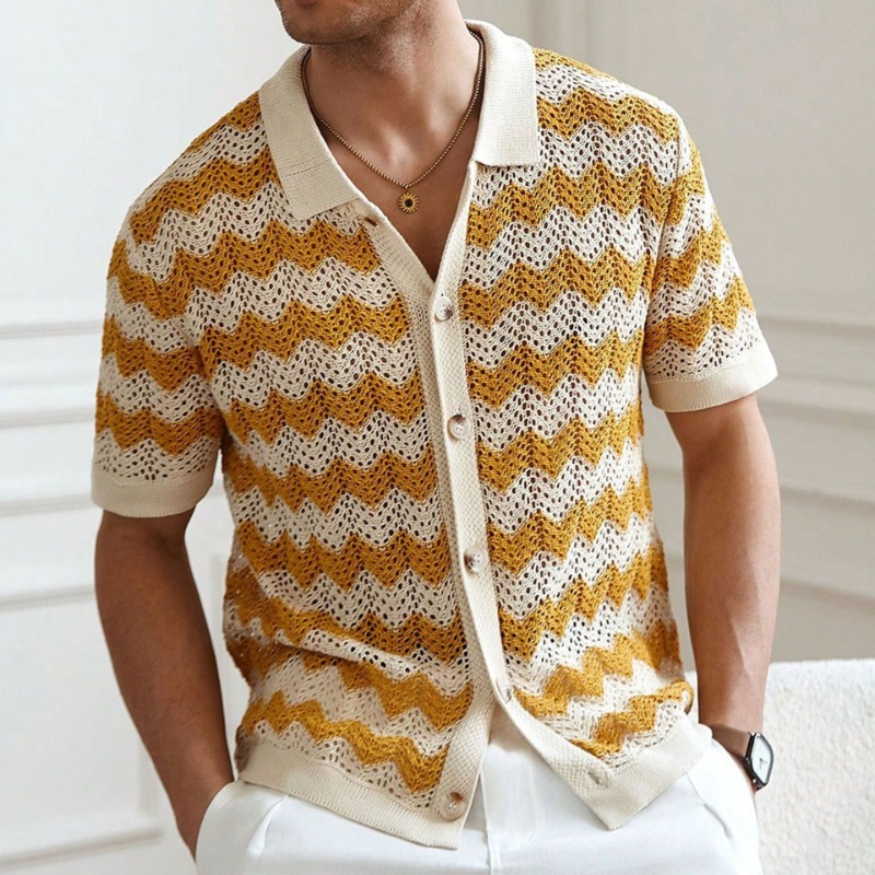Arkget Shoes | Men's Chevron Pattern Knit Short Sleeve Breathable Cardigan