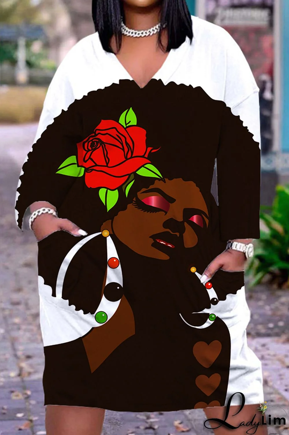 Black Yellow Fashion Casual Print Patchwork V Neck Long Sleeve Dresses