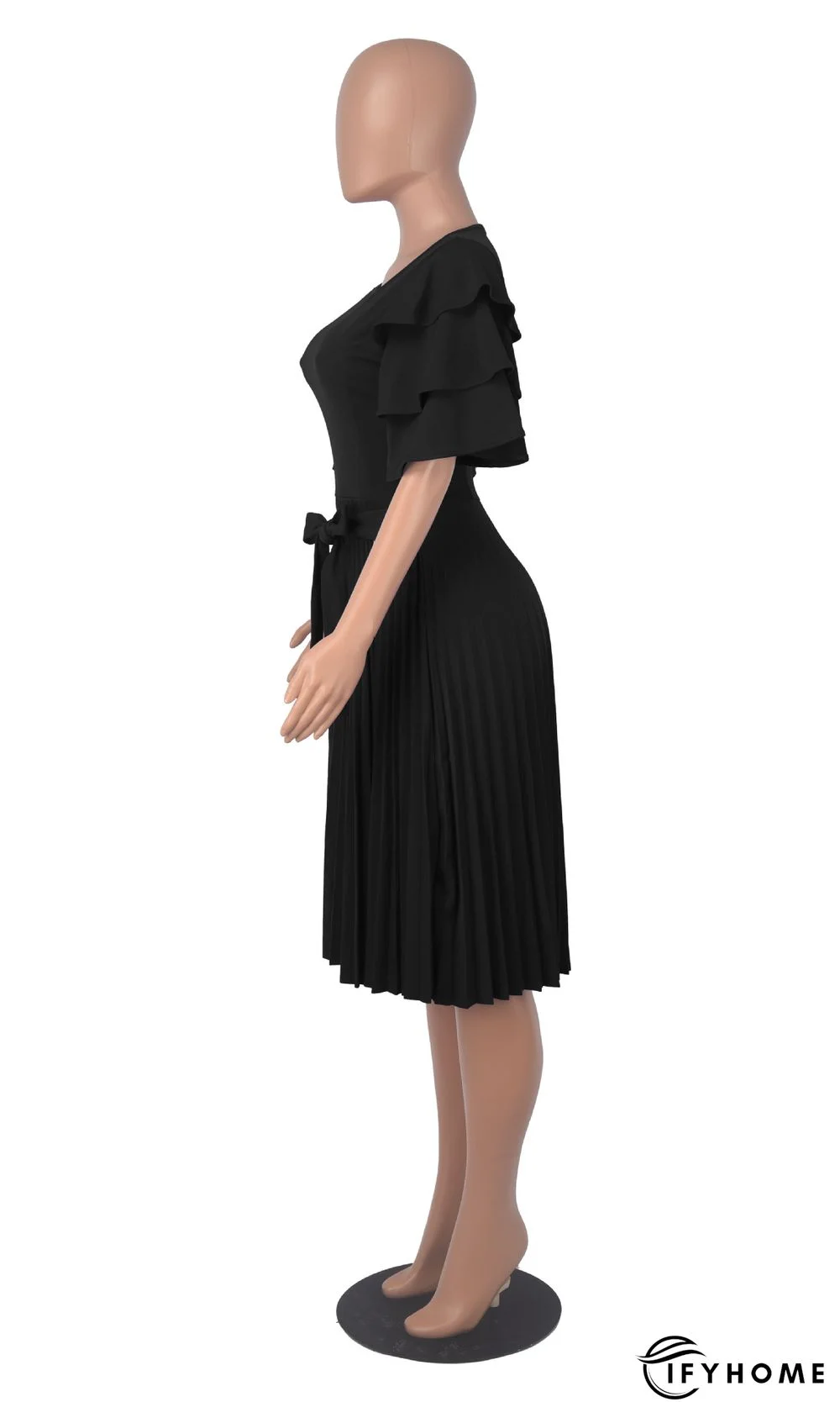 Round Neck Ruffle Short Sleeve Pressed Pleated Dress | IFYHOME