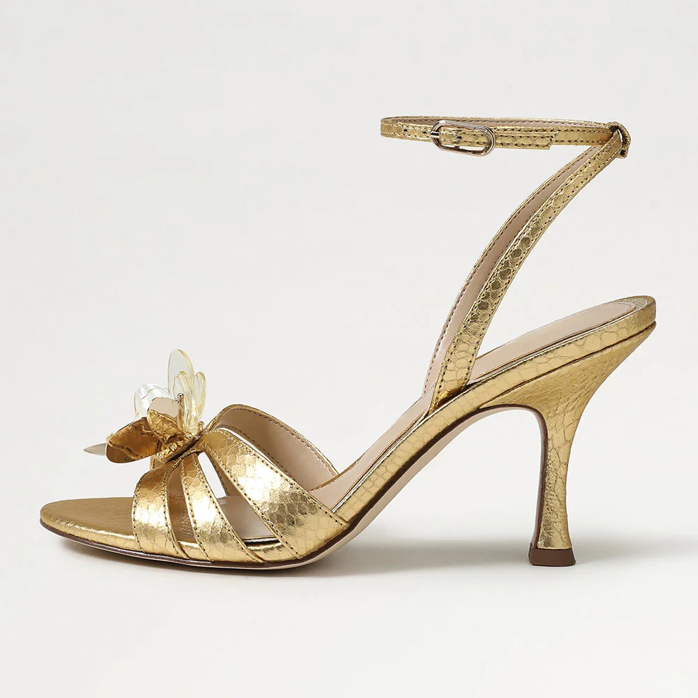 Gold Round Toe Flared Heel Floral Women's Sandals with Ankle Strap