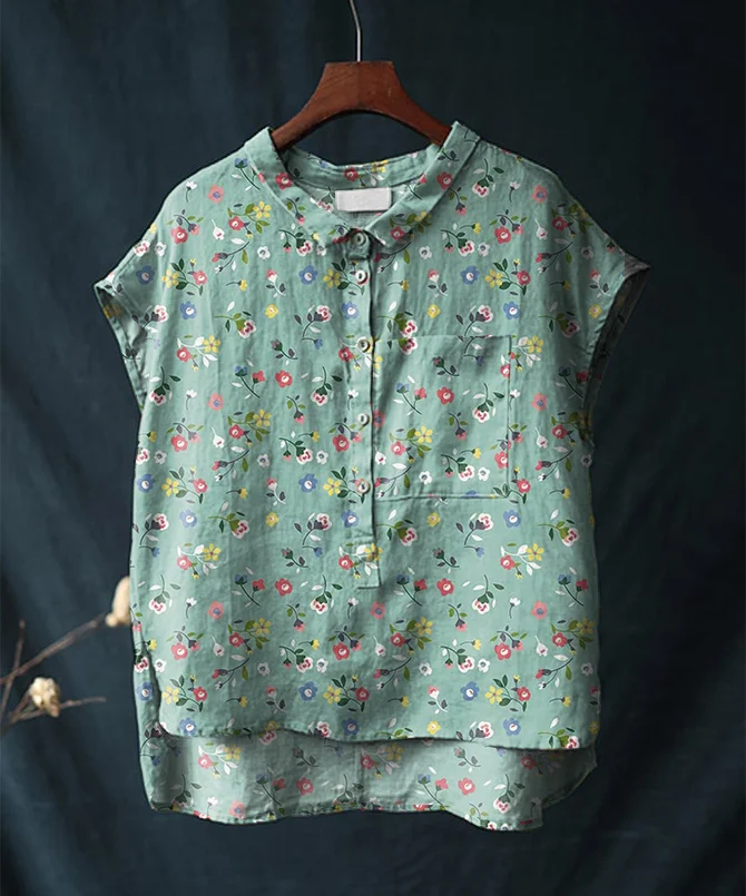 Vintage Floral Print Short-sleeved Cotton and Linen Shirt