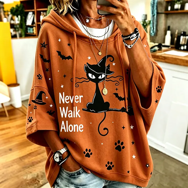 Women's Retro Halloween Theme Cat Print Casual Hooded Sweatshirt