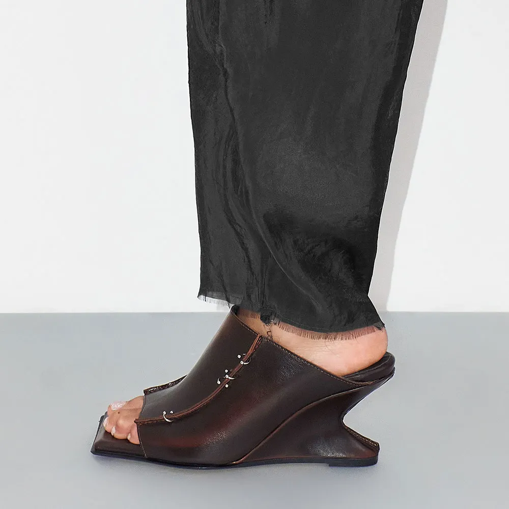 Distressed Brown Wedge Heel Mules Sandals with Silver Piercings