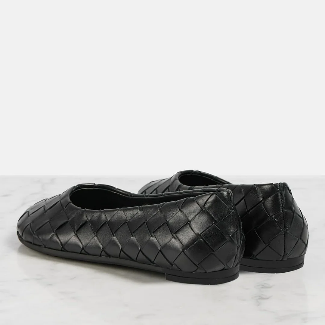 Black Vegan Leather Round Toe Woven Inlay Comfortable Flat Pumps
