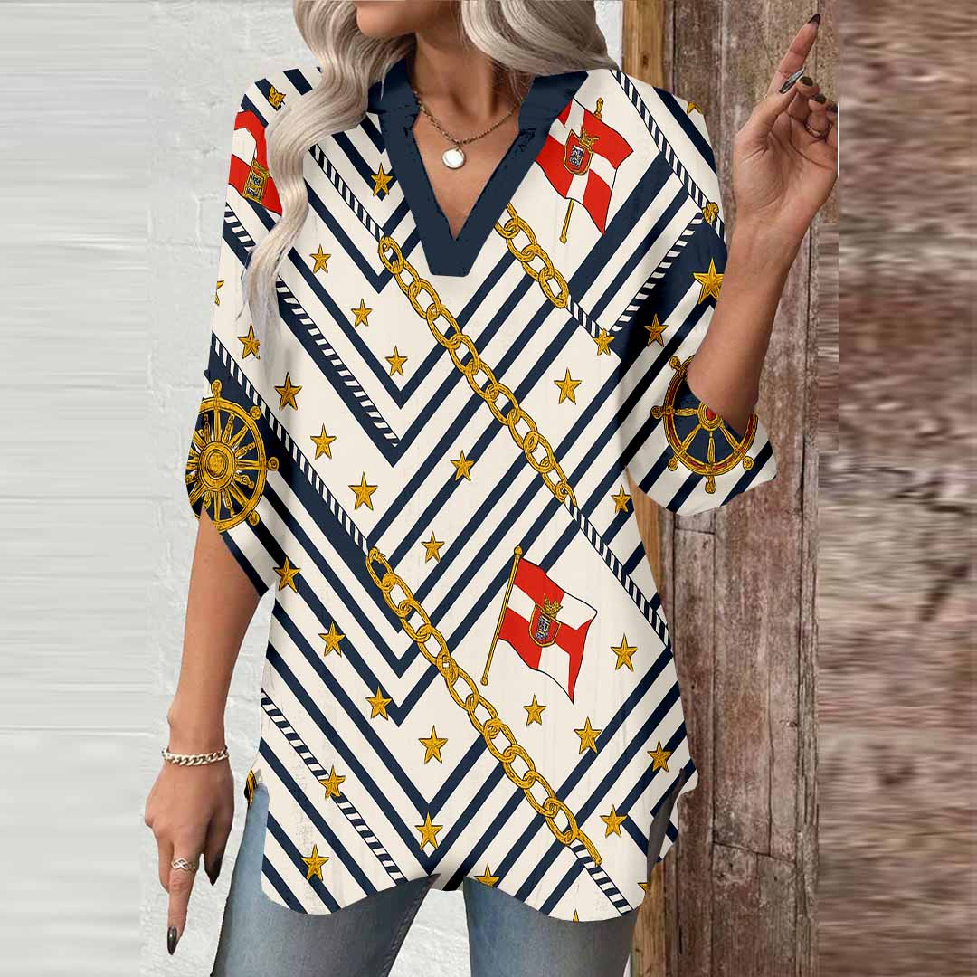 Women Geometric, Black, Gold DZGA0374 3/4 Sleeve V-neck Printed Graphic Button Tops