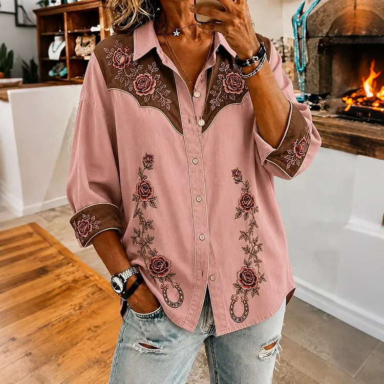 Women's Vintage Pink Rose Art Western-style Casual Shirt