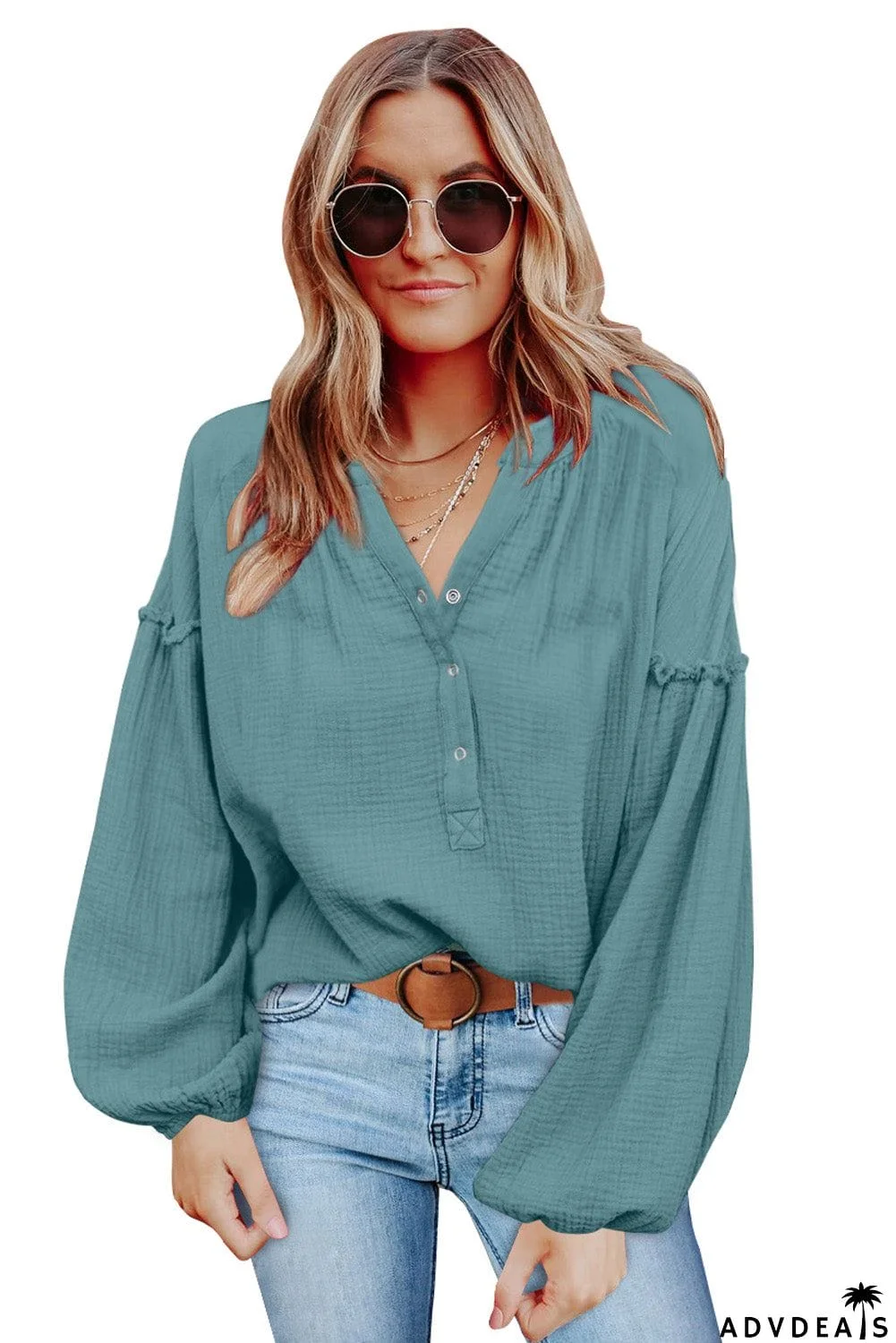 Casual Balloon Sleeve Crinkled Top