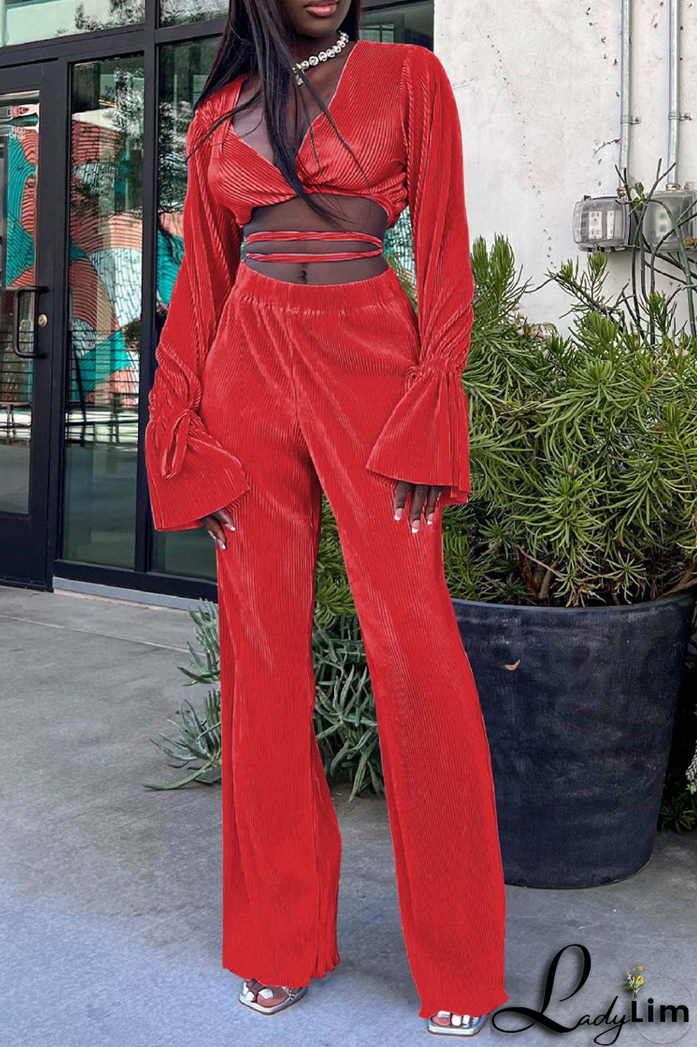 Red Casual Solid Fold O Neck Long Sleeve Two Pieces