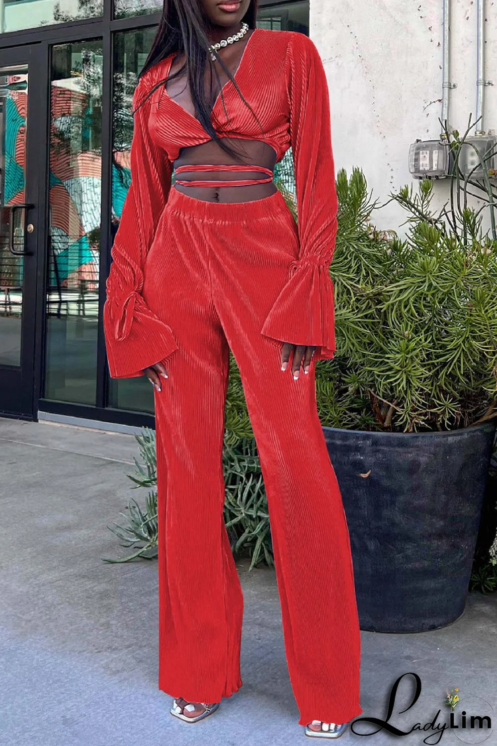 Red Casual Solid Fold O Neck Long Sleeve Two Pieces