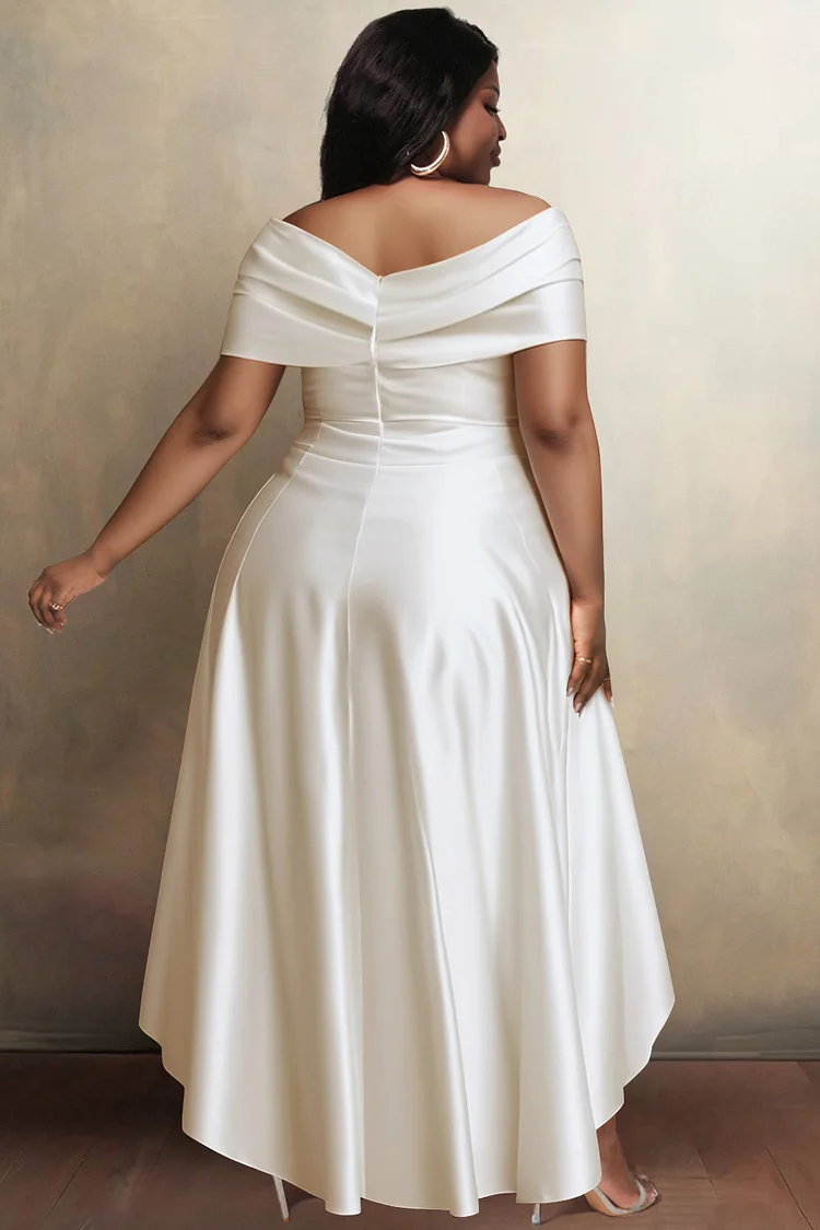 Xpluswear Design Plus Size Formal Black Off The Shoulder High Low Hem Satin Midi Dresses
