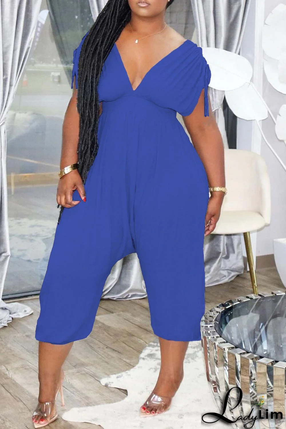 Peacock Blue Fashion Casual Solid Draw String V Neck Regular Jumpsuits