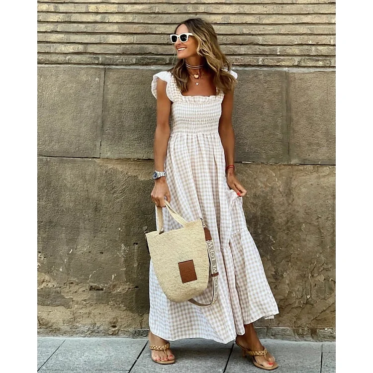 Singing Solo smocked maxi dress with multi check bust