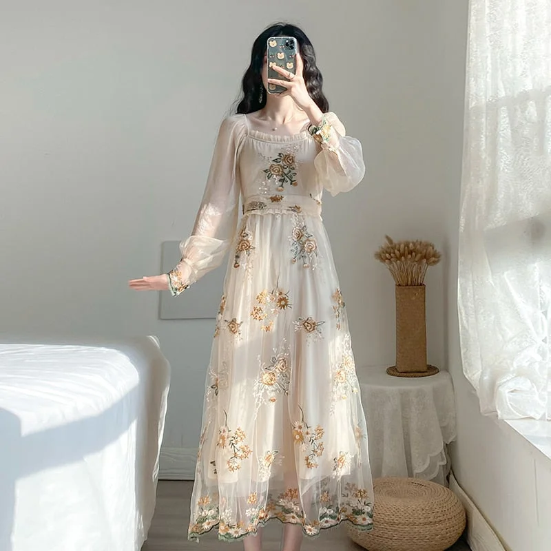 Spring Vestido High Waist Long Dress Long Sleeve Floral Embroidery Party Dress Mesh Sweet Dresses Lantern Sleeve French Style