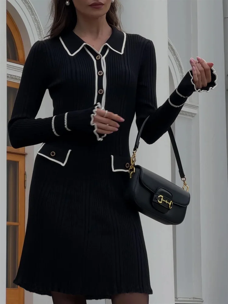 Uveng Uveng Temperament Long-Sleeved Knitwear Women's New Short French Pit Tight-Knit Dress In Spring 2024