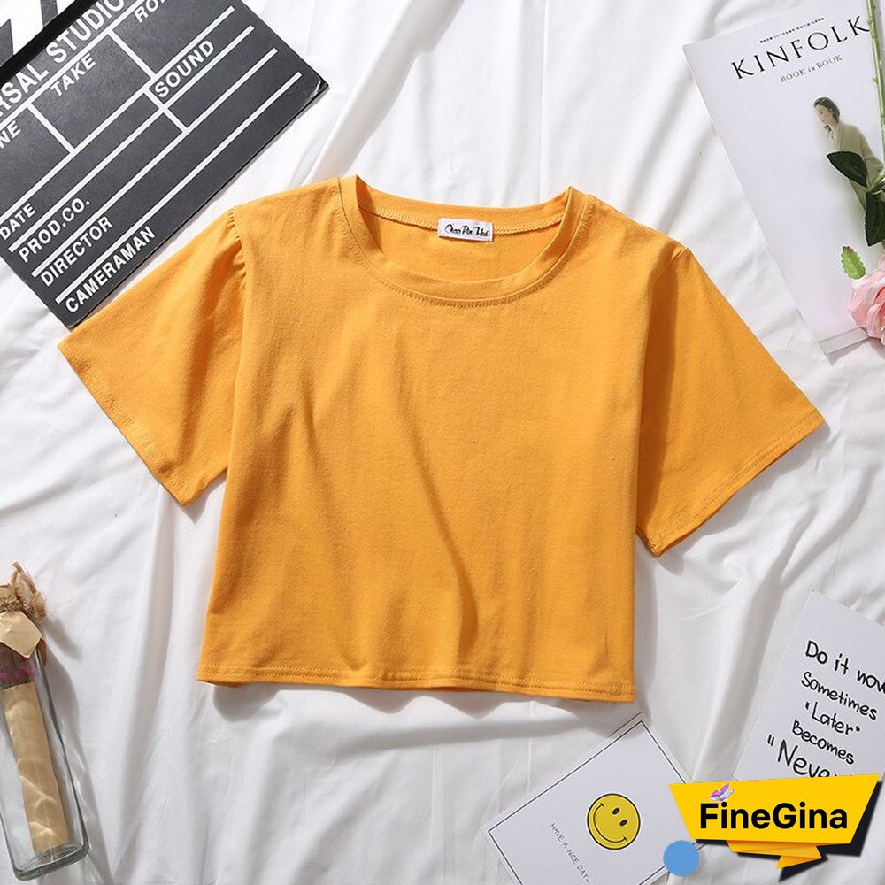 Summer Short Sleeve T Shirts Women Cotton Solid T-shirt O Neck High Waist Crop Top Tee Female Casual Loose T Shirt