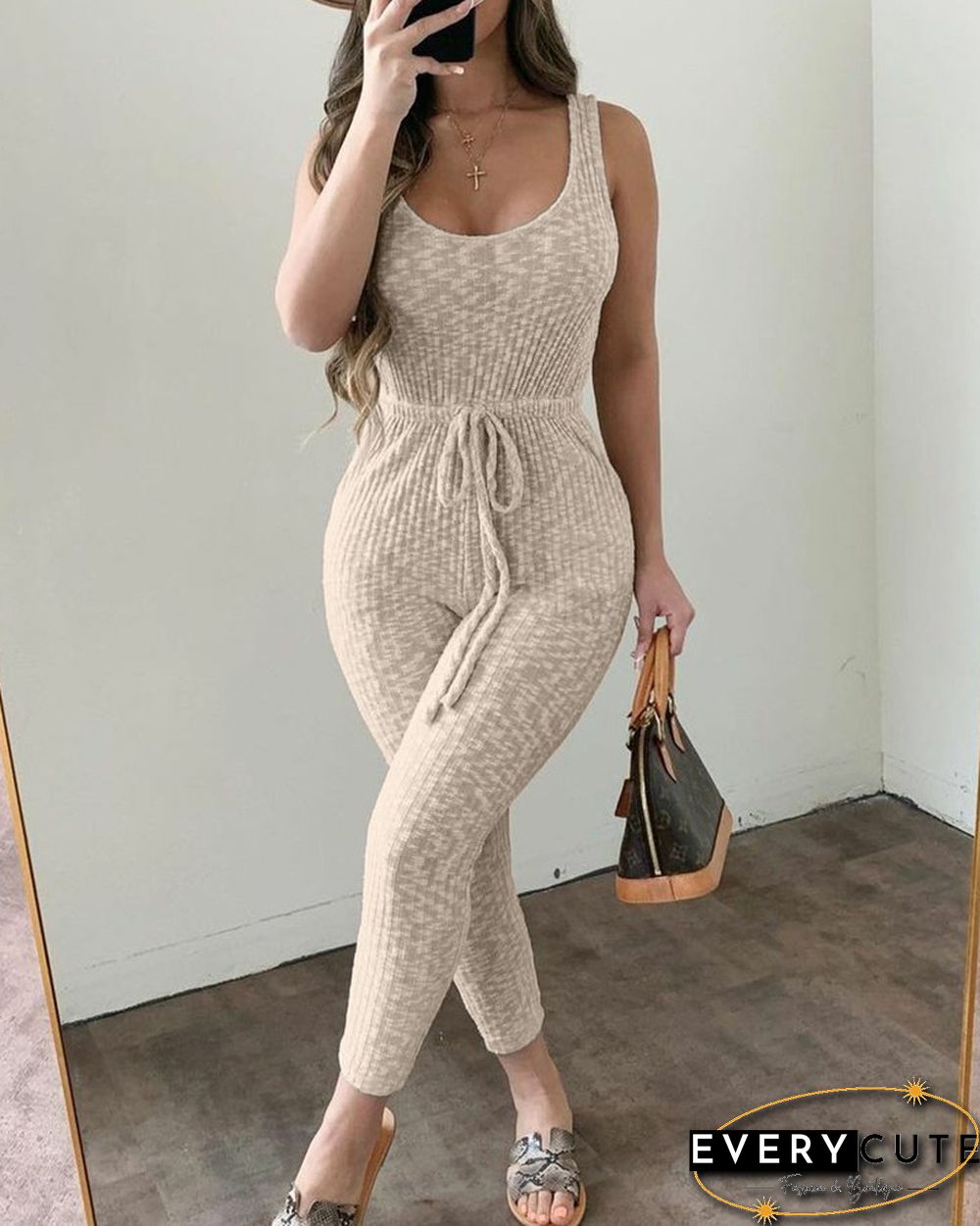 Solid Color Lace-up Jacquard Sleeveless Jumpsuits
