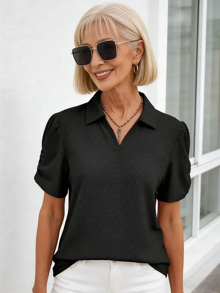 Textured Fabric V-Neck T-Shirt Bubble Sleeve Loose POLO Shirt Top