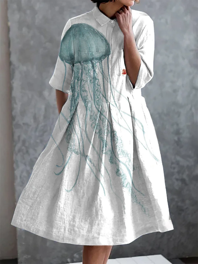 Ocean Jellyfish Print Casual Elegant Pocket Half Sleeve Dress