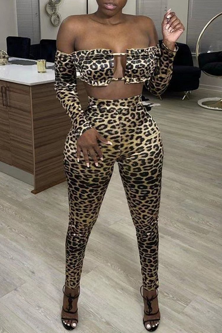 Sexy Print Leopard Hollowed Out Backless Off The Shoulder Long Sleeve Two Pieces - BlackFridayBuys