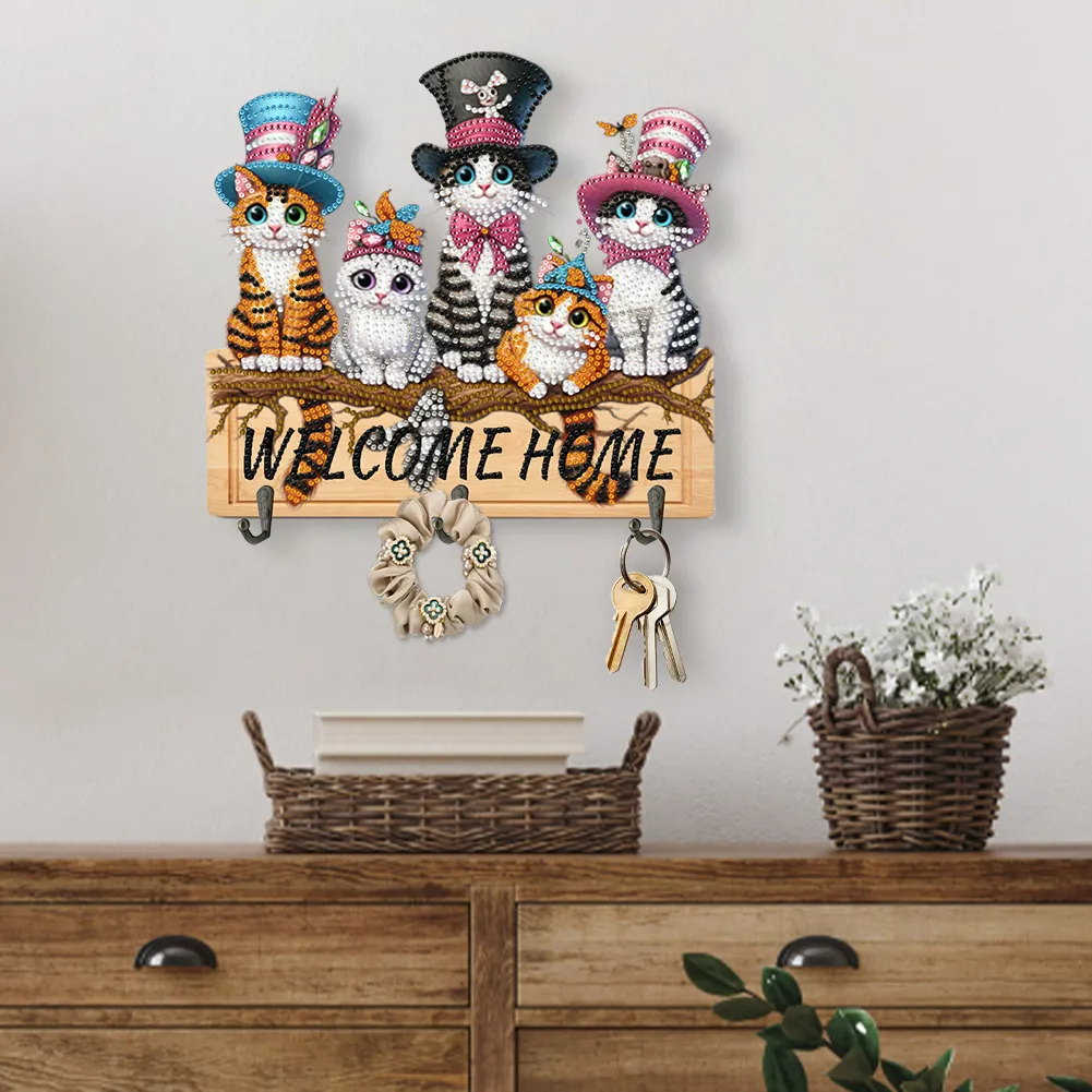 DIY Welcome Home Cat Wooden Special Shape 3 Hooks No Punch Diamond Painting Hook Rail