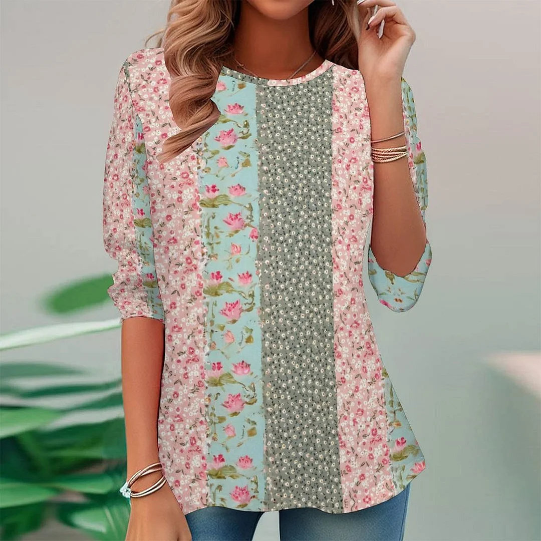 Vintage Printed Long Sleeve Plus Size Tunic for  Women and Men Unisex Pattern Floral,Pink,Green,Stitch
