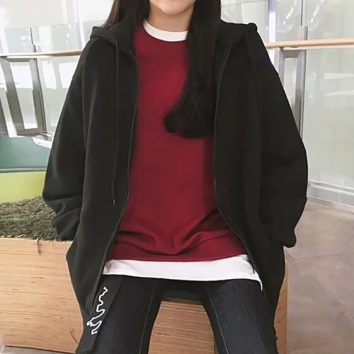 Zip Up Women Korean Style Hoodies For Girls Tops Vintage Solid Long Sleeve Oversized Hooded Sweatshirt Jacket Casual Large Coats