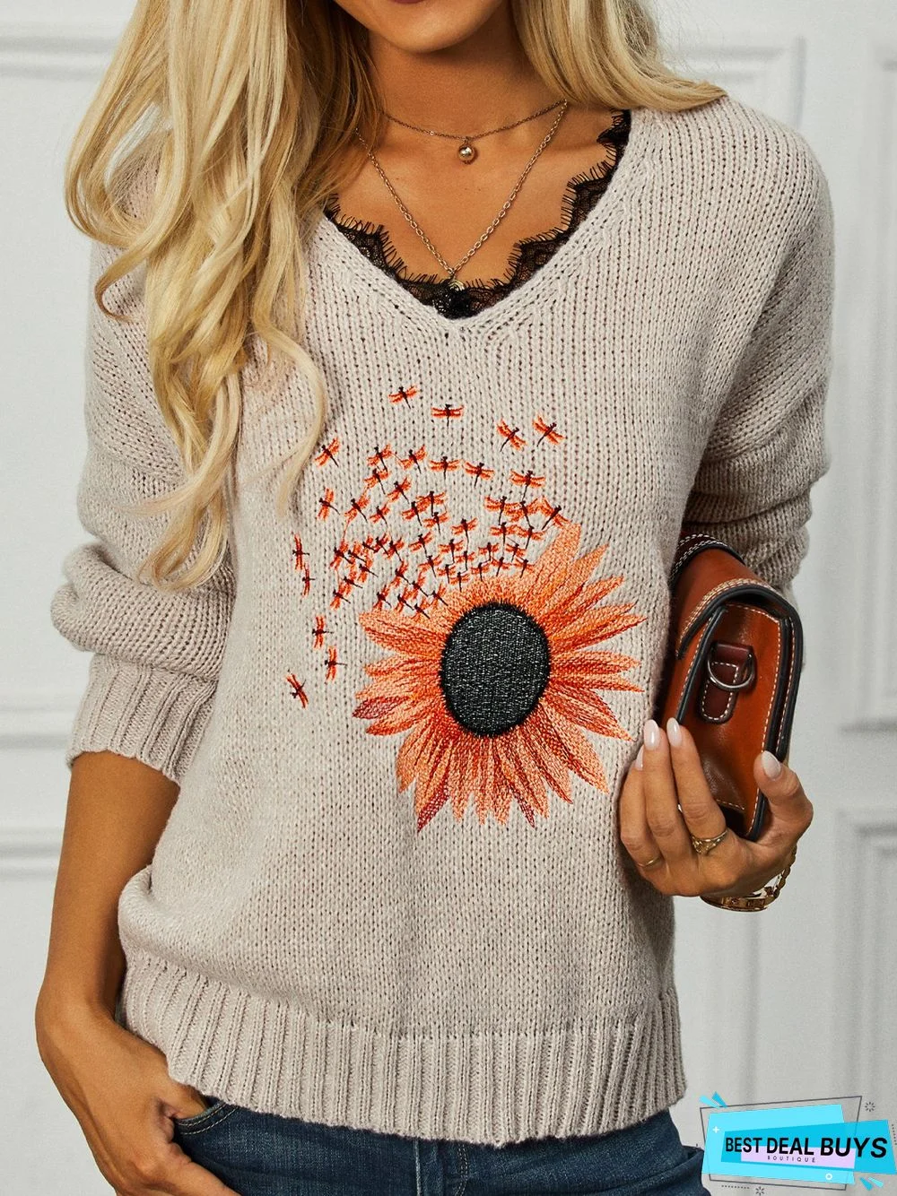 Casual Sunflower Lace V Neck Loose Tunic Sweater