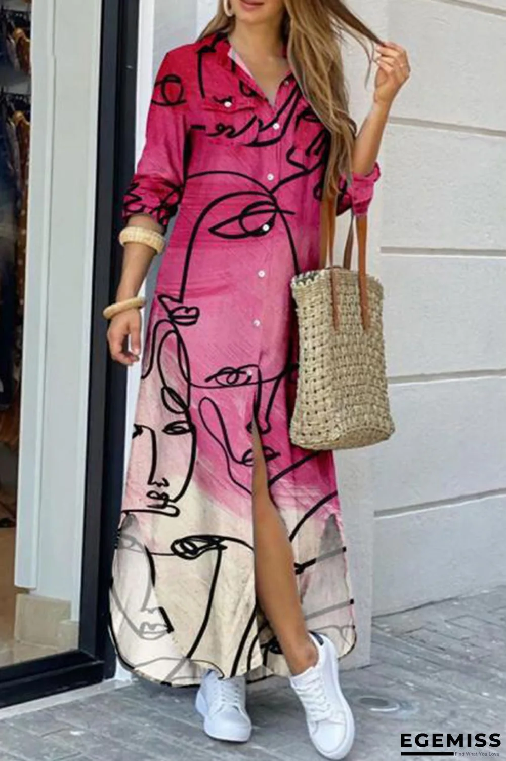 Rose Red Fashion Casual Print Slit Turndown Collar Shirt Dress | EGEMISS