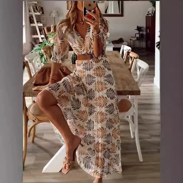 Wongn Wongn Summer Women's New V-Neck Print Folding Holiday Dress