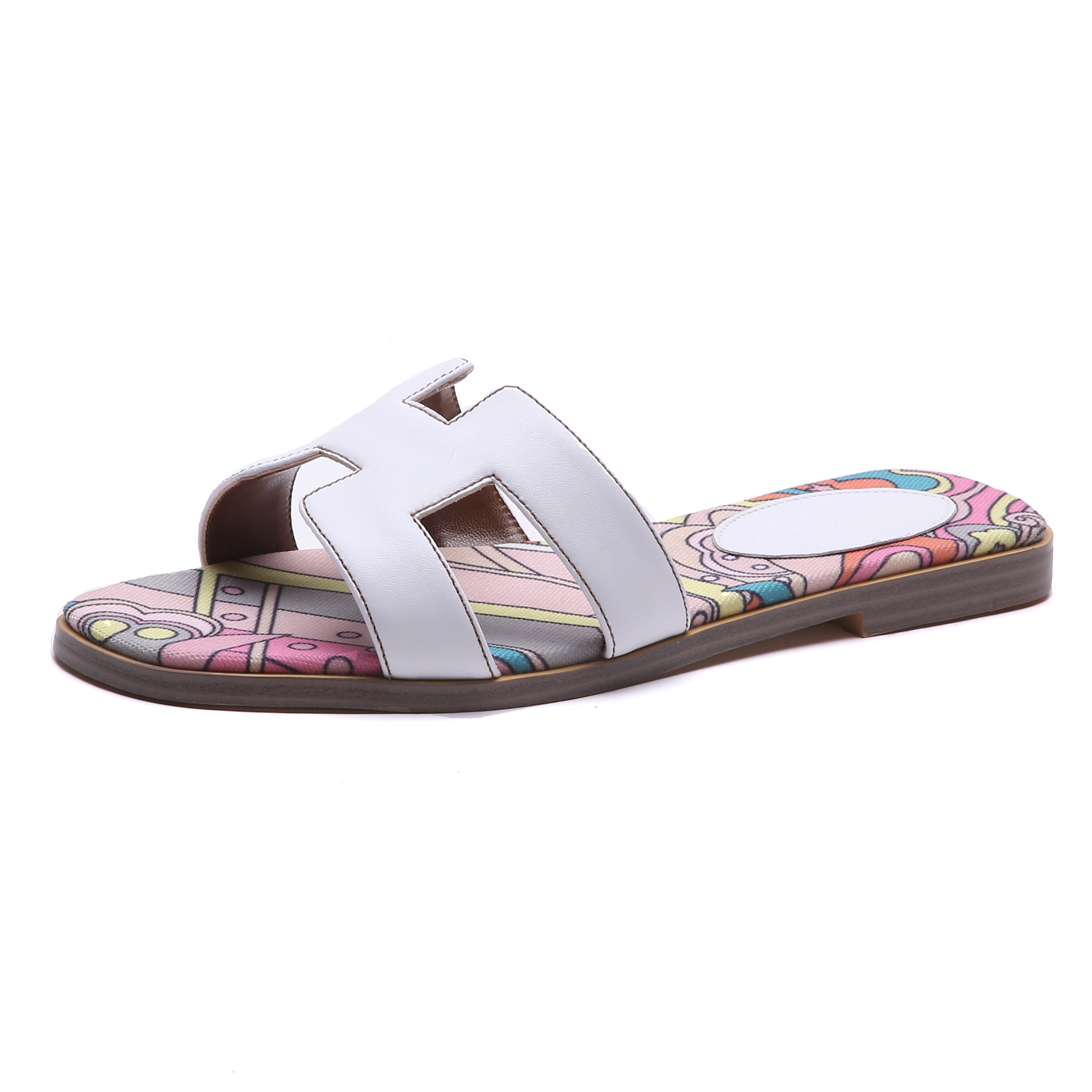 H-shape Leather Slipper White Painted Flats-vocosishoes