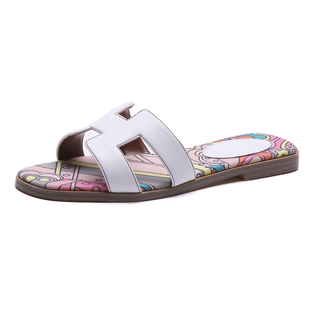 H-shape Leather Slipper White Painted Flats-vocosishoes