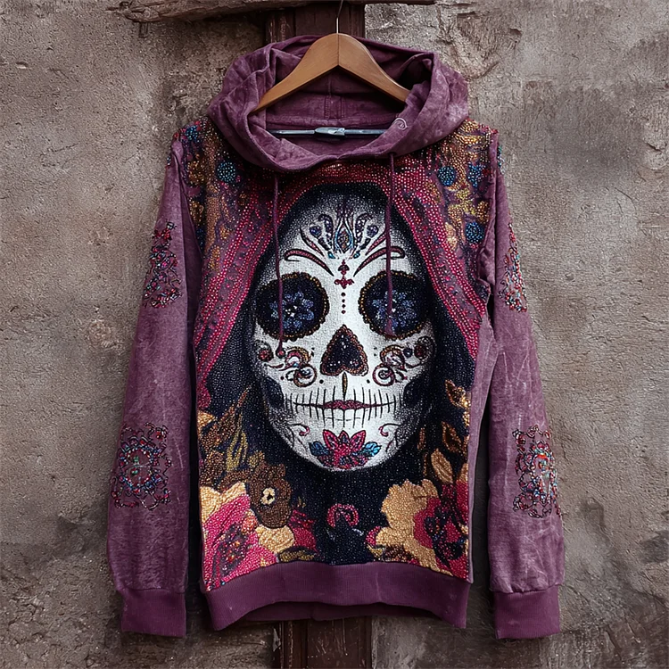 Day Of The Dead Glitter Sugar Skull Woman Floral Hoodie