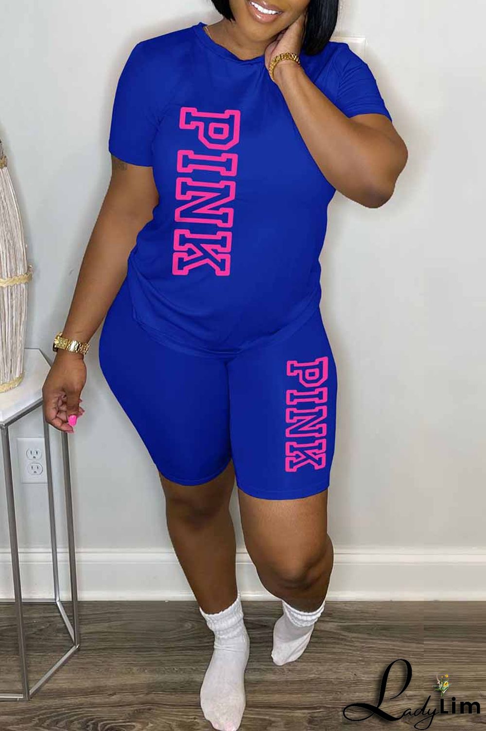 Blue Casual Print Letter O Neck Short Sleeve Two Pieces