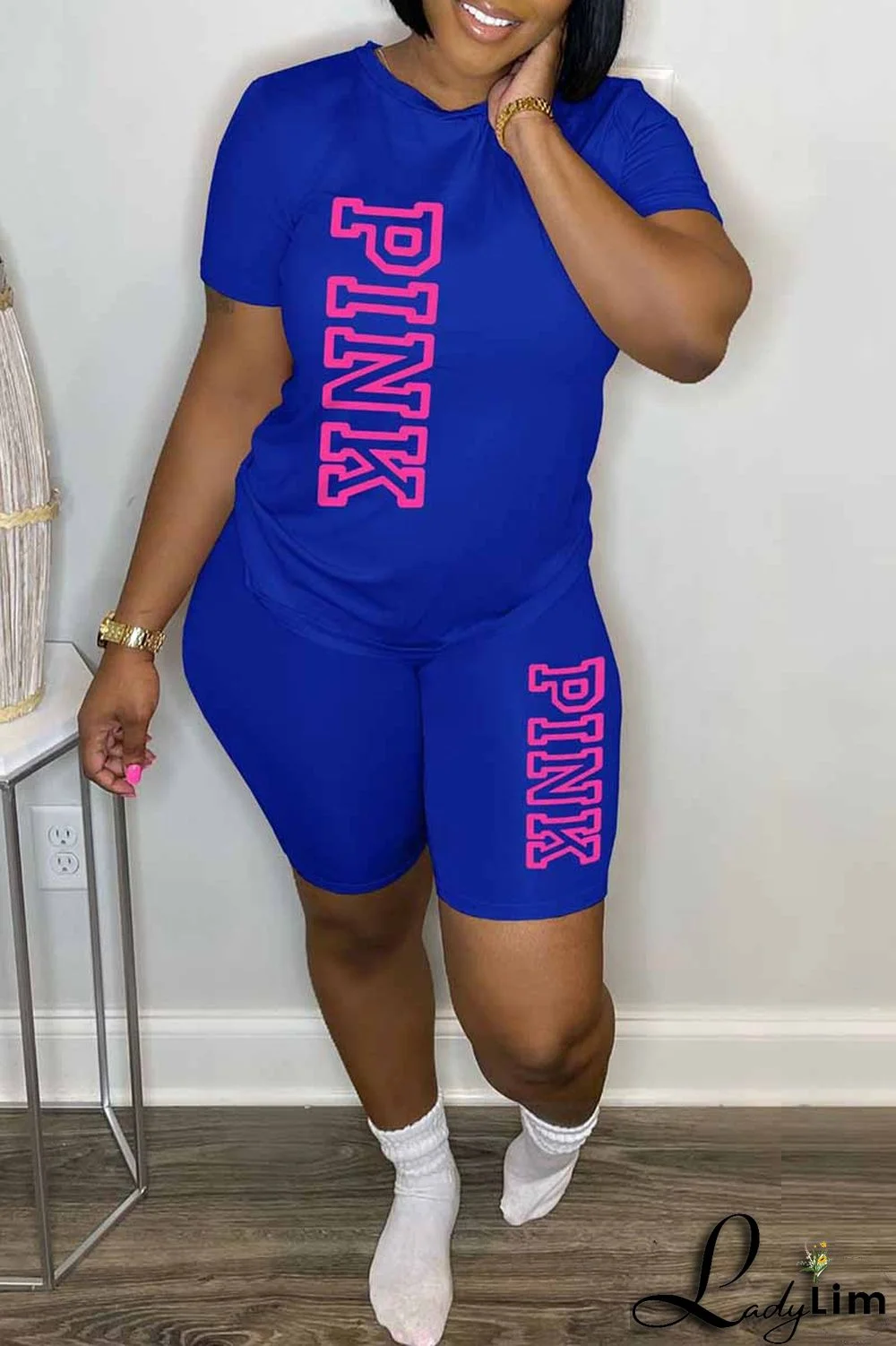 Blue Casual Print Letter O Neck Short Sleeve Two Pieces