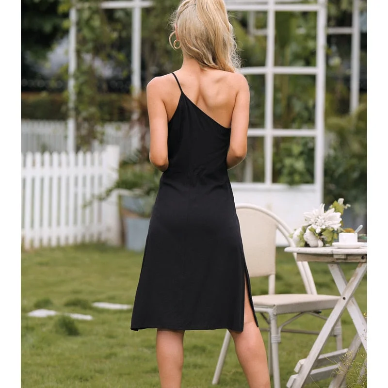 One Shoulder Sling Dresses Sleeveless Casual Solid Elegant Sexy Slip Dress Black Slit Mini Fashion Women's Clothes 2022 Summer