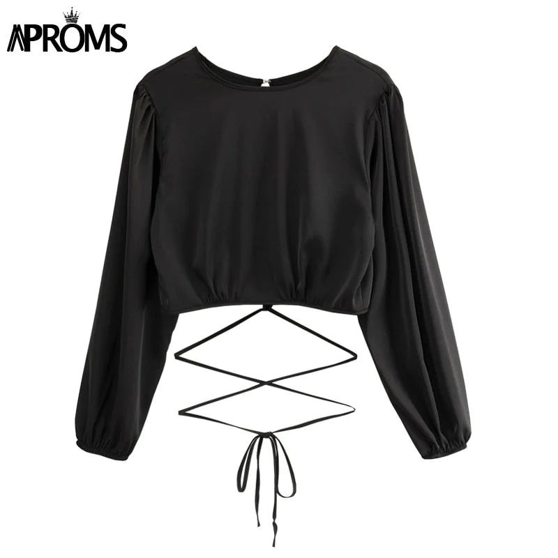 Aproms Soft Satin Backless Bow Tie T-shirt Female 2022 Summer Fashion Long Sleeve Slim Tshirt Basic Crop Top for Women Clothing