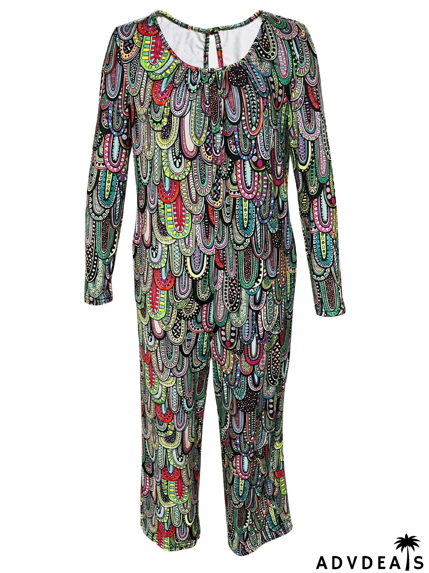 Women Print Casual Round Neck Loose Long Sleeve Jumpsuit