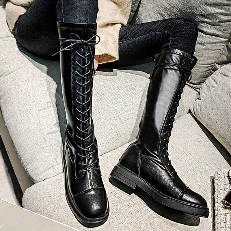 2021 Autumn Sexy Fashion High Heels Knee-length Rubber Thick-soled Non-slip Lace-up High Boots Women's Rear Zipper Chelsea Boots