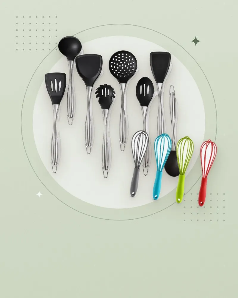 Silicone cooking utensils and colorful whisks