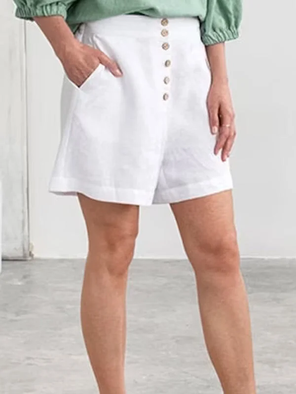 Women's Button Breasted Cotton Linen Loose Casual Short Pants