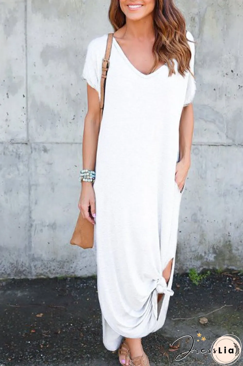 Solid Side Slit Pocket Maxi Dress