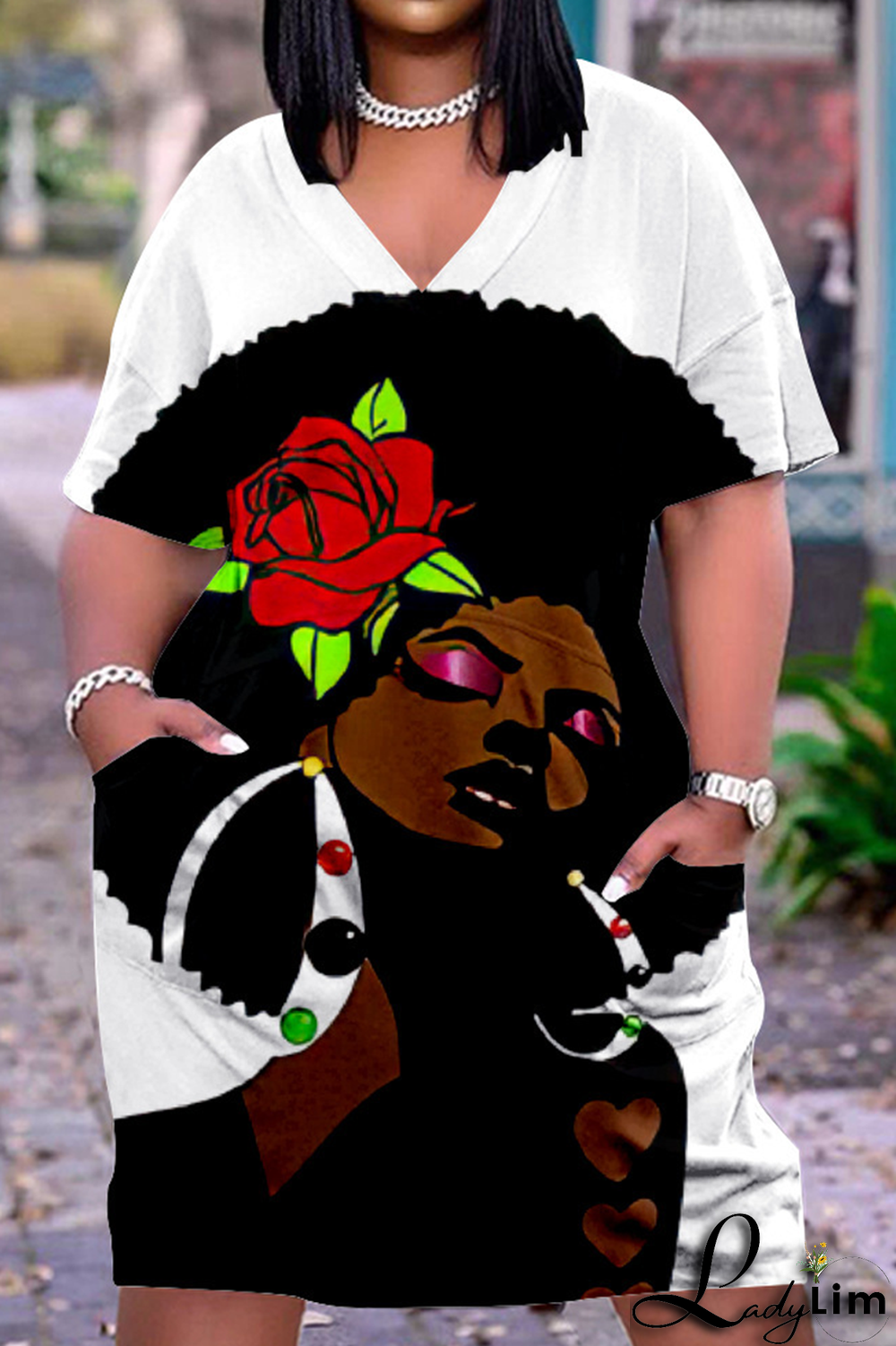 Black White Casual Print Split Joint V Neck Straight Dresses