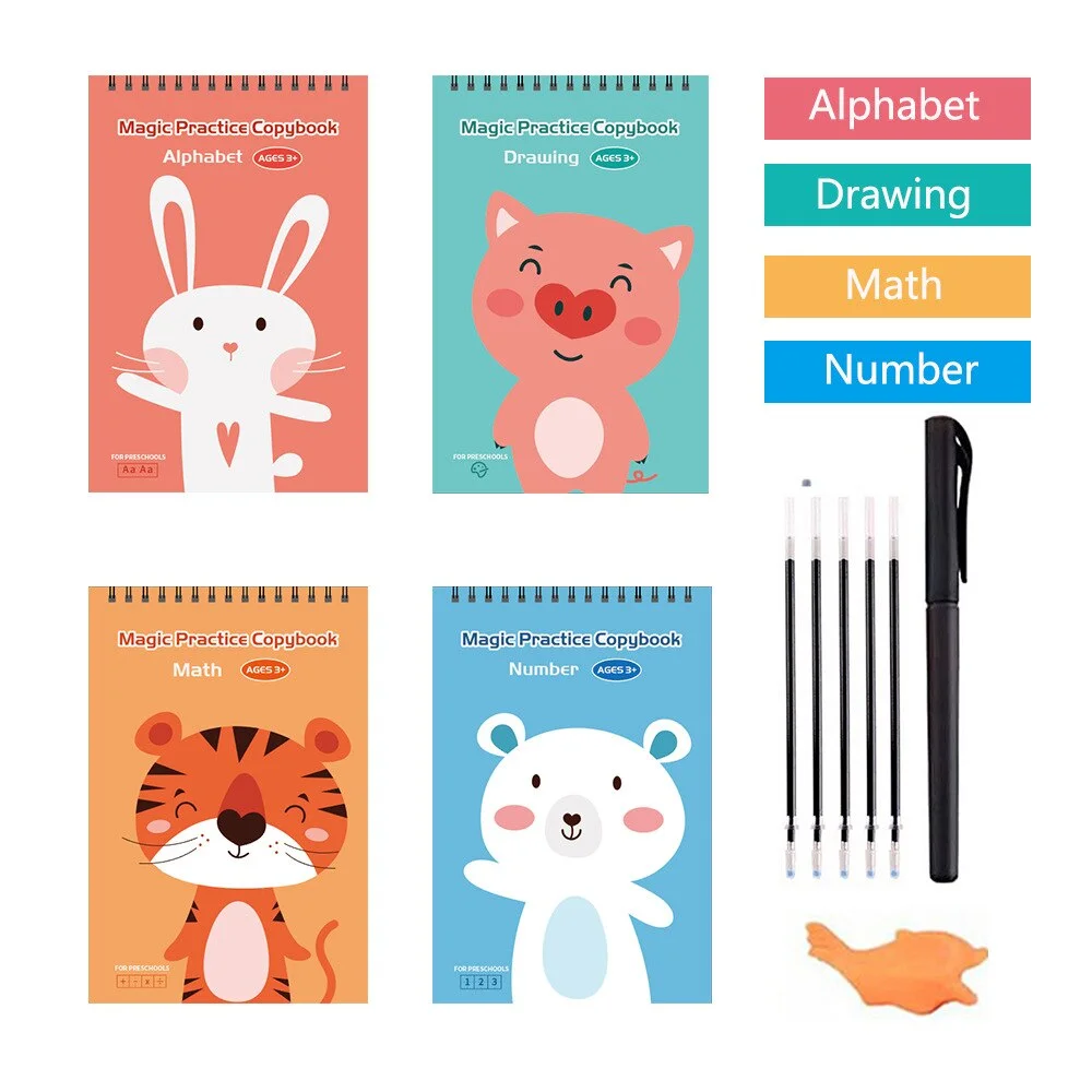 4 Books + Pen Magic Practice Book Free Wiping Children's Toy Writing Sticker English Copybook For Calligraphy Montessori Toys