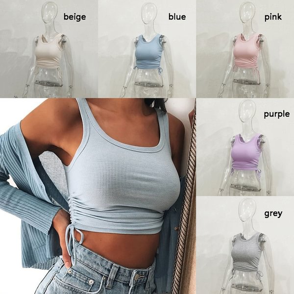Spring and Summer Women's Fashion Cotton Drawstring Wrap Tops Sexy Vest Crop Tops Solid Color Sleeveless Tanktop - Life is Beautiful for You - SheChoic