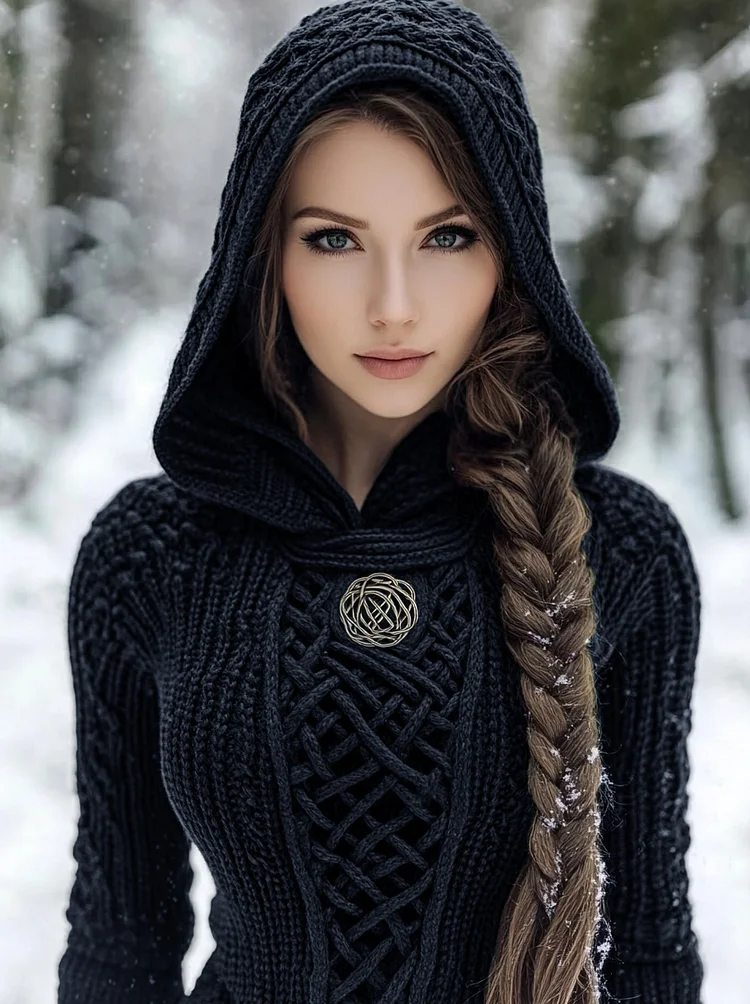 VChics Women's Viking Style Knitted Cozy Hooded Sweater